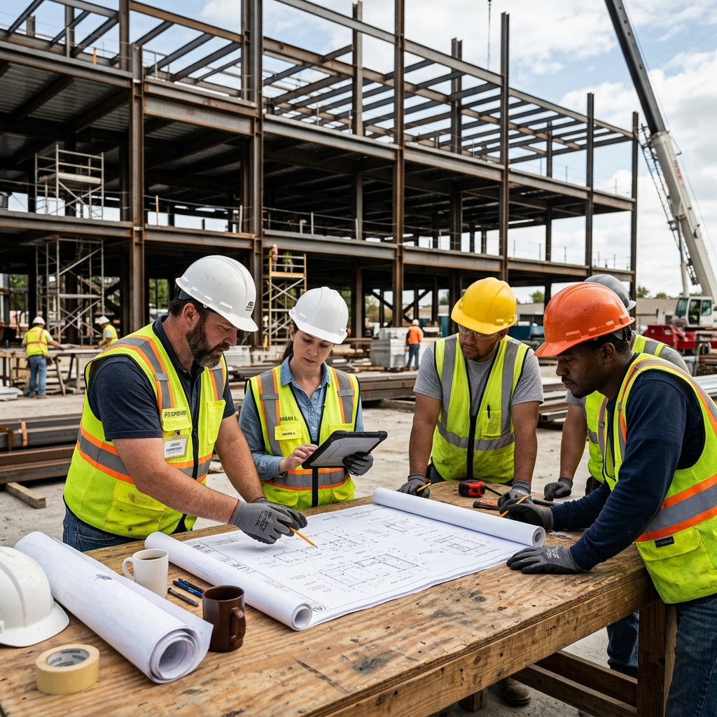 Team Construction Alignment Reviewing Blueprints